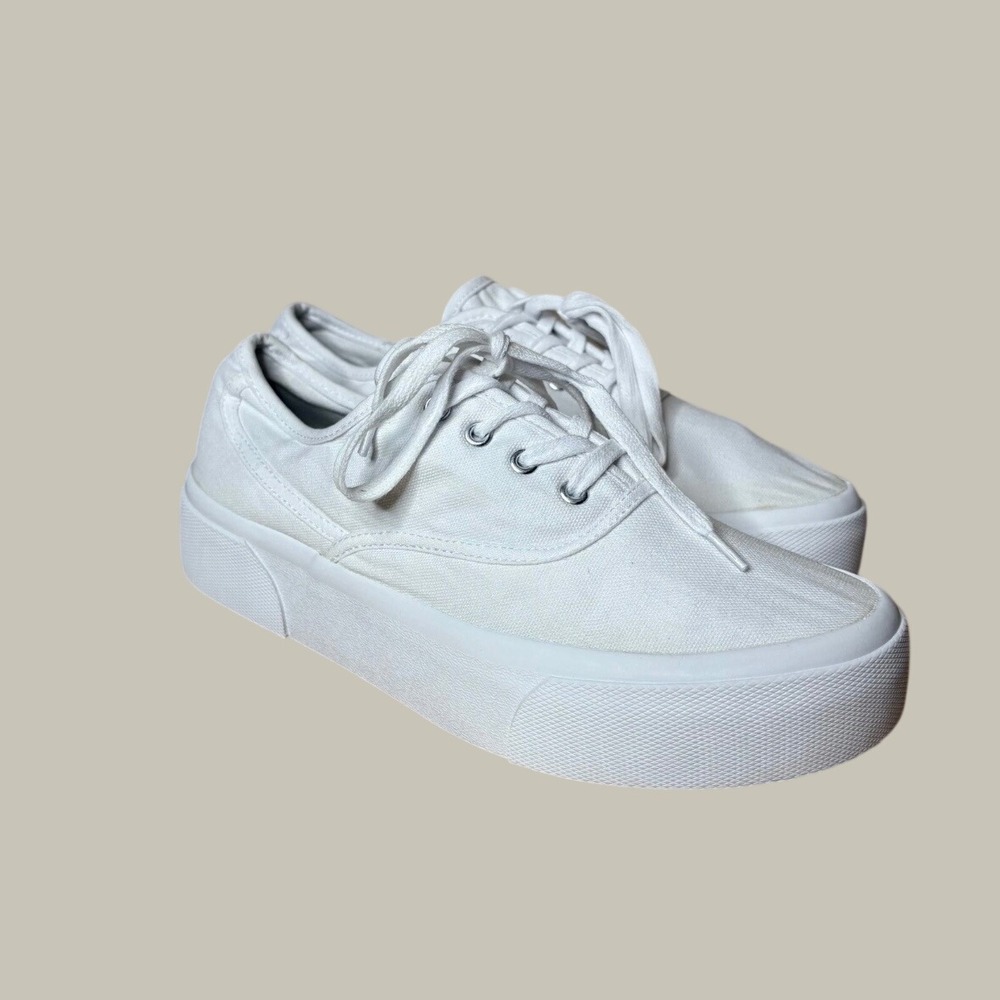 HM Womens White Canvas Platform Sneakers Low Top Lace Up Size 41 US 10